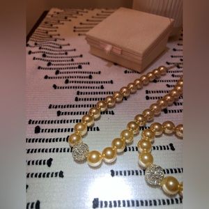 Large Gold Bead 20” Necklace and Matching Bracelet with Gemstone Bead Center